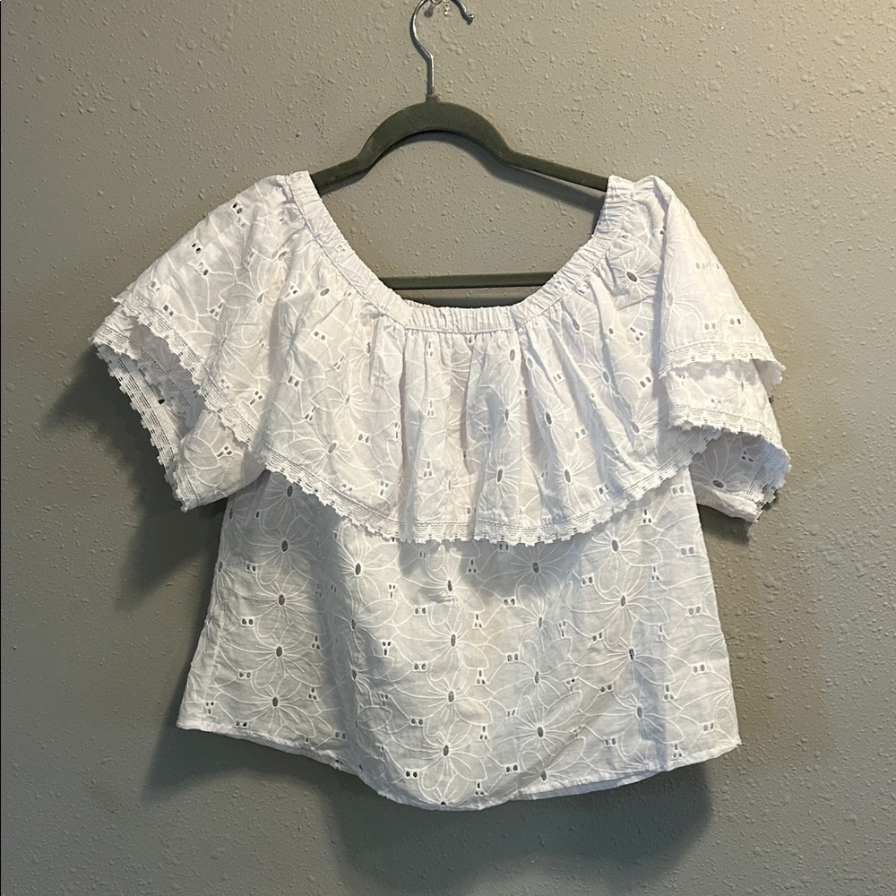 Calypso St. Barth White Eyelet Off-Shoulder Ruffle Top